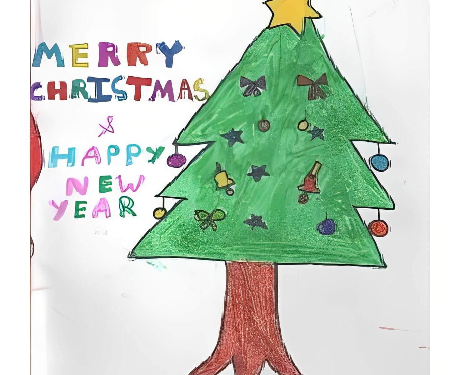 Christmas tree drawing with festive greeting text.
