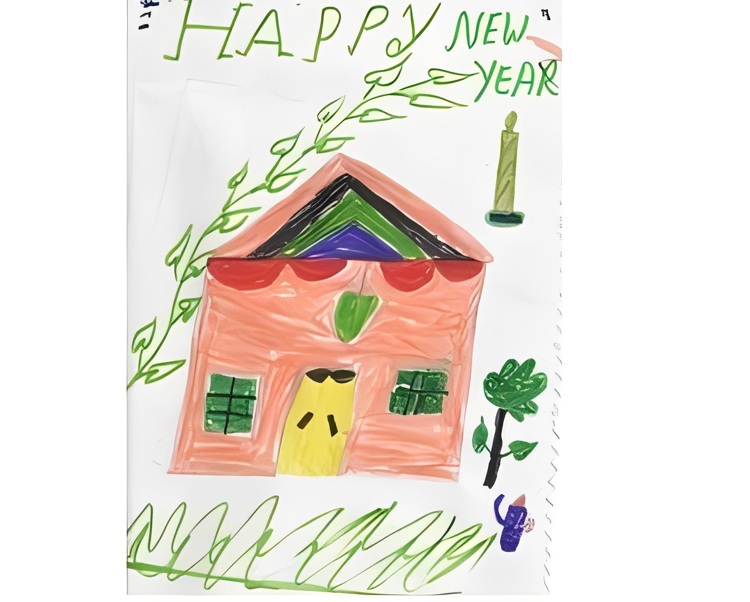 Child's drawing of house, "Happy New Year.